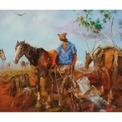 Packing the Nagss, Mooraberrie Station, Channel Country, West Queensland by Hugh Sawrey, oil on canvasboard, sold Jun 2025