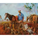 Hugh Sawrey, Packing the Nagss, Mooraberrie Station, Channel Country, West Queensland, oil on canvasboard