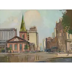 Sydney Long, Queen's Square, St. James's Church, Sydney, oil on canvas on board
