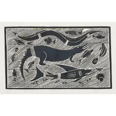 Baru Marna ga Bathurumirri Barpi (Crocodile, Shark & Rock Snake) by Banduk Marika, 1986, linocut, ed. 14/20 II, sold Jun 2025