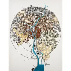 Tiffany Chung, Nagasaki, 2010, embroidery, beads, metal grommets and buttons on canvas