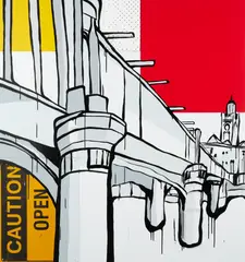 Jasper Knight, Sand Ridge Bridge 1888, 2016, enamel, masonite, perspex and metal sign on board
