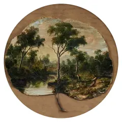 Alfred William Eustace, River Landscape, oil on eucalyptus leaf