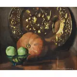Alma Figuerola, Green and Gold, oil on canvasboard