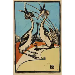 Ma Mahood, Crested Grebes, linocut