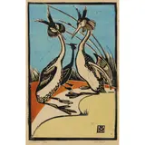 Ma Mahood, Crested Grebes, linocut