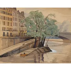 The Seine by Jeffrey Smart, 1949, ink, watercolour and gouache on paper, sold Mar 2025