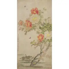 Ma Yuanyu, Peonies and quails,, ink and colour on paper,