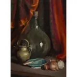 Helen Lempriere, Onions and Bottle, oil on canvas laid on board