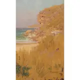 Elioth Gruner, Landscape with Beach and Cliff, c.1907, oil on timber panel