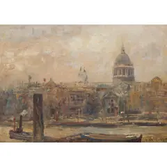 Frederick McCubbin, Thames and St Paul's Cathedral, 1908, oil on wood panel
