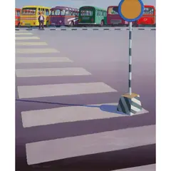 Jeffrey Smart, Study II for Bus Terminus, 1972-73, synthetic polymer paint and oil on canvasboard