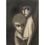 Robert Dickerson, A Child Embracing Another, charcoal on paper laid on board