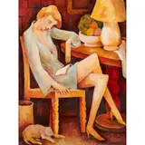 Bill Coleman, (Woman Seated with Book and Cat), oil on canvas laid on board