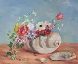 Nora Heysen, Sea Shells with Spring Flowers, 1955, oil on canvas on board