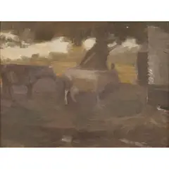 Mary Meyer, Cows in Landscape, oil on board