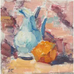 Peggy Crombie, Still Life with Orange and Jug, oil on canvas on board