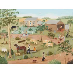 Around the Farm by Roma Higgins, oil on masonite, sold Sep 2024