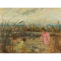Phyl Waterhouse, Feeding the Ducks, oil on board