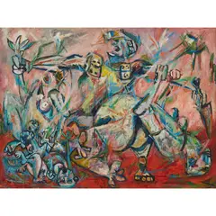 Massacre of the Innocents by Elwyn Lynn, 1956, wax enamel and oil on masonite, sold Jun 2024