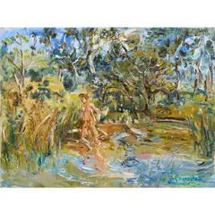 Celia Perceval, Joan in the Dam with her Dog, oil on linen
