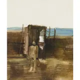 Man Beside a Shack by Sidney Nolan, mixed media on paper, sold Feb 2024