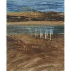Landscape, River and Bridge by Sidney Nolan, mixed media on paper, sold Feb 2024
