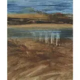 Landscape, River and Bridge by Sidney Nolan, mixed media on paper, sold Feb 2024