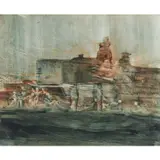 Buildings and Figures by Sidney Nolan, c.1961, mixed media on paper, sold Feb 2024