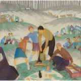 Ethel Spowers, Bank Holiday, 1935, linocut, printed from six blocks: yellow ochre, cobalt blue, reddish brown, green, grey and black, edition of 50