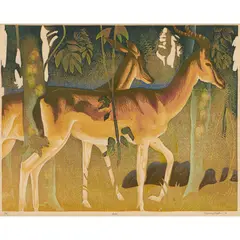 Deer by Murray Griffin, 1950, linocut, ed. 1/26, sold Apr 2024