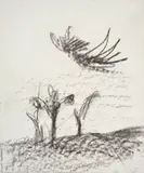 Bird and Landscape by Sidney Nolan, c.1958, crayon and rubbing on paper, sold Oct 2023