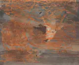 Cattle and Waterhole by Sidney Nolan, mixed media on paper, sold Oct 2023