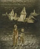 Figures in a Landscape (Robert Lowell) by Sidney Nolan, 1965, mixed media on paper, sold Oct 2023