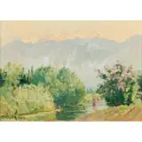 Ethel Carrick, Distant Alps, oil on board