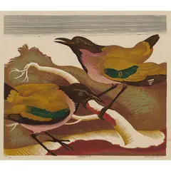 Yellow and Pink by Murray Griffin, 1951, linocut, ed. 15/27, sold Nov 2023