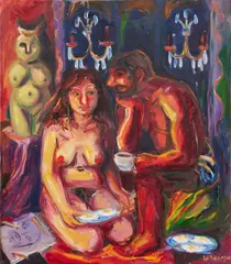 Circe and Ulysees Eating Eggs by Wendy Sharpe, 1988, oil on canvas, sold Dec 2023