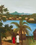 (Villagers and Lake) by Ray Crooke, oil on canvasboard, sold Oct 2023