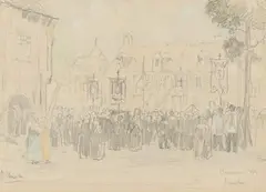 Arthur Streeton, Procession Josselin, 1899, pencil and wash on paper