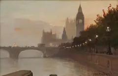 George Hyde Pownall, Twilight on the Embankment (By Ben), oil on academy board