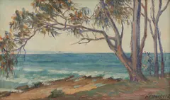 Bertha Merfield, Beach Scene, oil on board