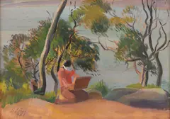 Adelaide Perry, (Sketching by the Riverbank), 1936, oil on board