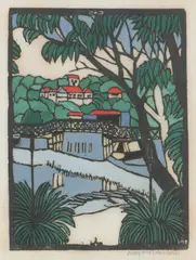 Margaret Preston, Mosman Bridge, c.1927, hand-coloured woodcut
