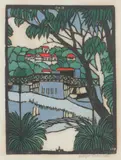 Margaret Preston, Mosman Bridge, c.1927, hand-coloured woodcut