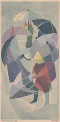 Eileen Mayo, Children with Umbrellas, c.1953, woodcut, ed. 44/52