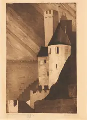 Jessie Traill, The Tower Carcassonne Night, 1927, aquatint and etching, ed. 2/25
