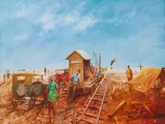 Hugh Sawrey, Waiting for the Nevertire Mail, oil on canvas