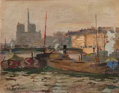 Barges on the River by Will Ashton, oil on canvas, sold Sep 2023
