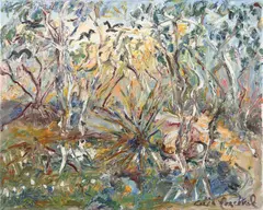 Sunlight in Creek Bed with Black Cockatoos by Celia Perceval, oil on canvas, sold Jun 2023