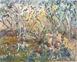 Celia Perceval, Sunlight in Creek Bed with Black Cockatoos, oil on canvas